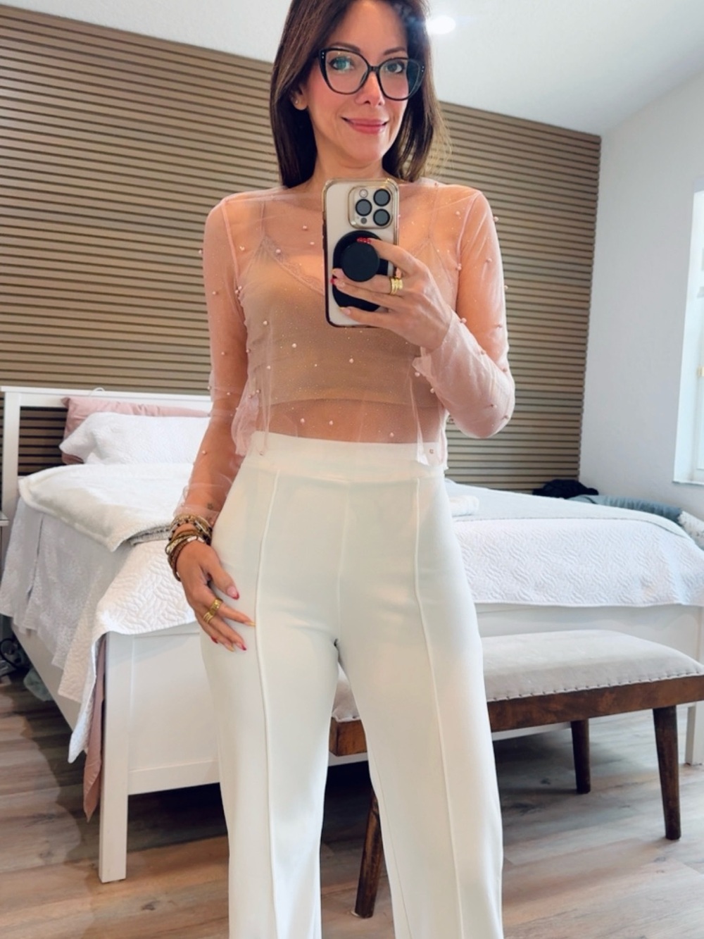 Sheer Embellished Long-Sleeve Blouse in Blush Pink